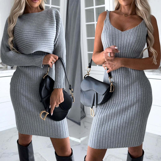 Women's 2 Piece Outfit Set - Striped Long Sleeve Top & Suspender Skirt | Prime Care