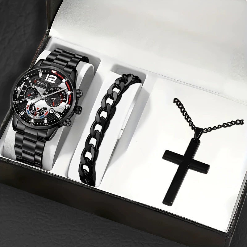 Men's Bracelet Cross Necklace And Watch Set - 3-Piece Jewelry Gift Set | Prime Care