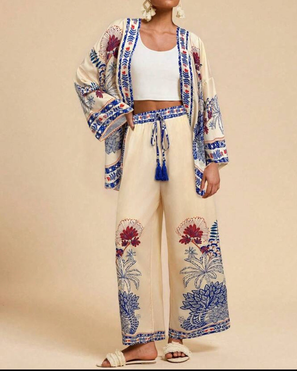 Women's Floral Print Cardigan & Wide-Leg Pants Set – Long Sleeve Vacation Two-Piece