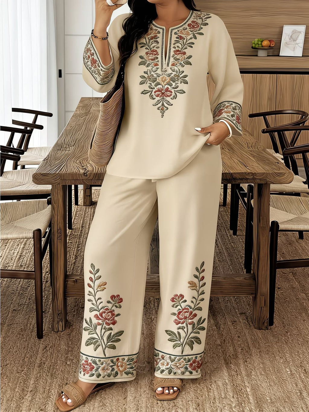 Women's 3D Floral Print Bohemian Two-Piece Set – Long Sleeve Top & Cropped Trousers