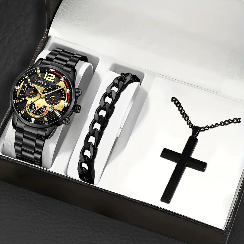 Men's Bracelet Cross Necklace And Watch Set - 3-Piece Jewelry Gift Set | Prime Care