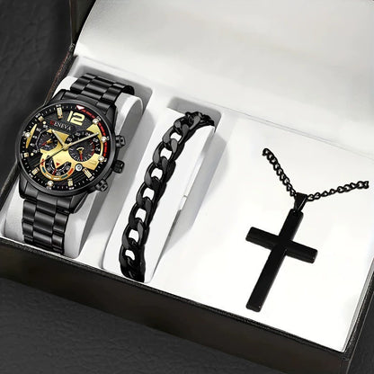 Men's Bracelet Cross Necklace And Watch Set - 3-Piece Jewelry Gift Set | Prime Care
