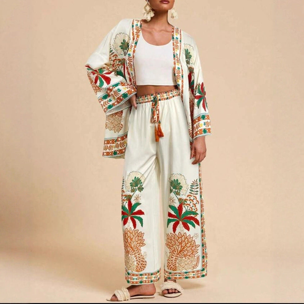 Women's Floral Print Cardigan & Wide-Leg Pants Set – Long Sleeve Vacation Two-Piece